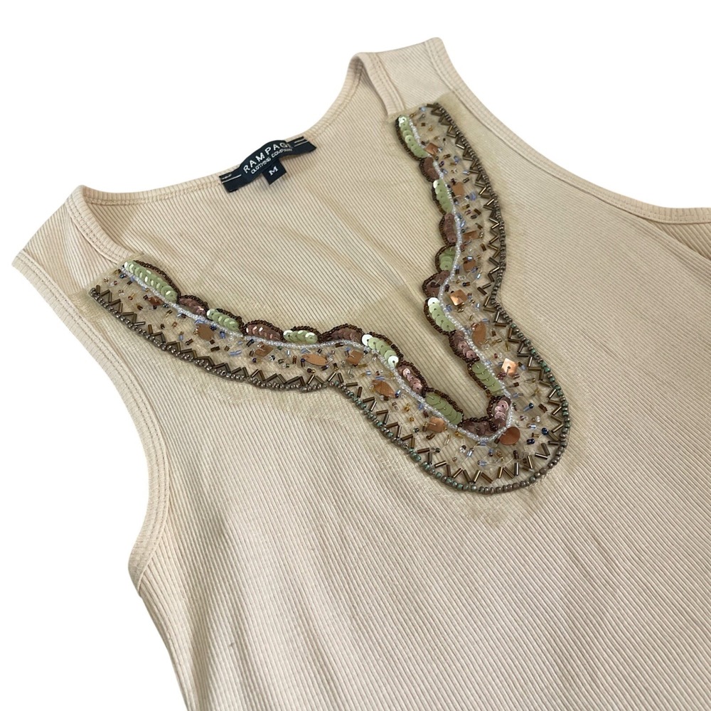 Y2K Top Vtg Beaded Rampage Medium Green Embellished Wood Stones Bratz Festival